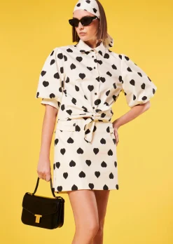Chemise Calypso écrue à motif coeur noir en popeline