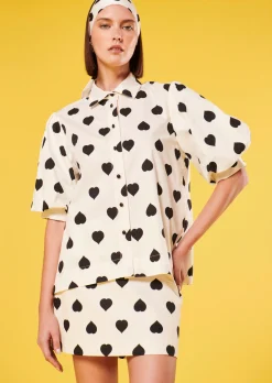 Chemise Calypso écrue à motif coeur noir en popeline