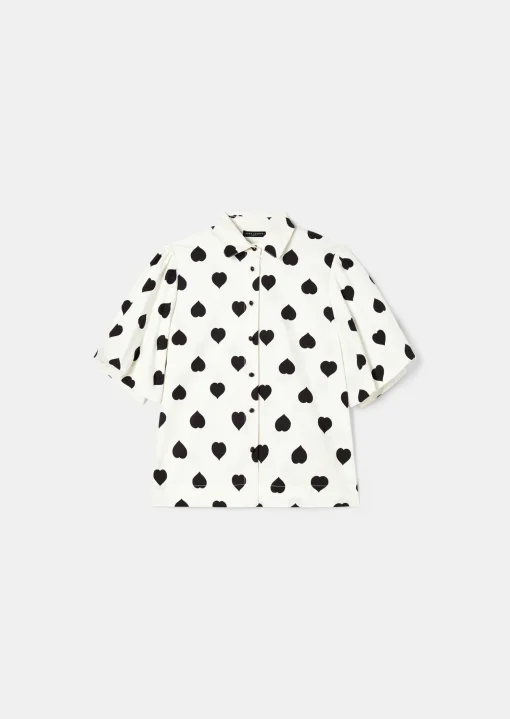 Chemise Calypso écrue à motif coeur noir en popeline