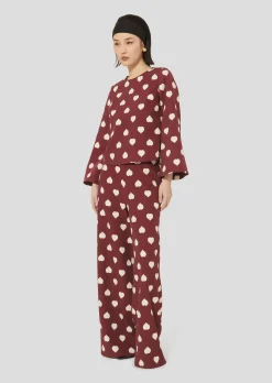 Top Thaissa bordeaux imprimé coeurs blancs